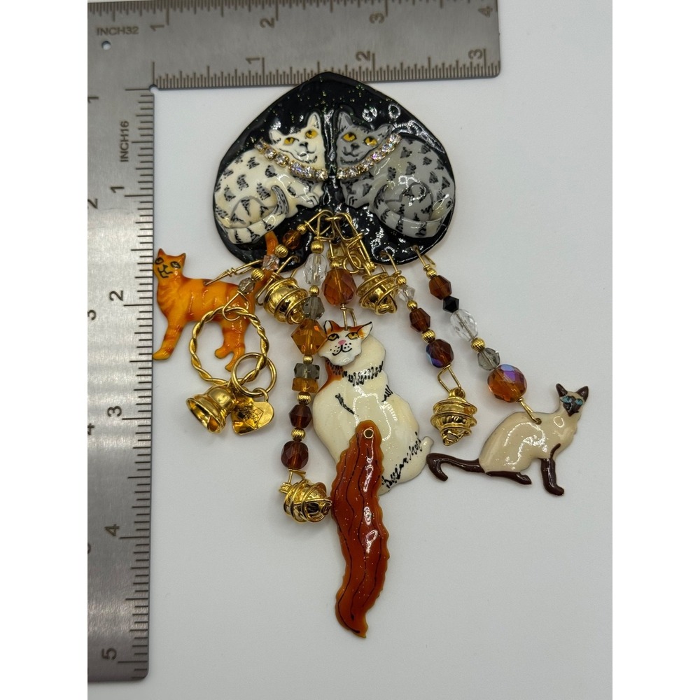 Lunch At The Ritz Cat Rhinestone Enamel Dangle Brooch - Picture 2 of 13